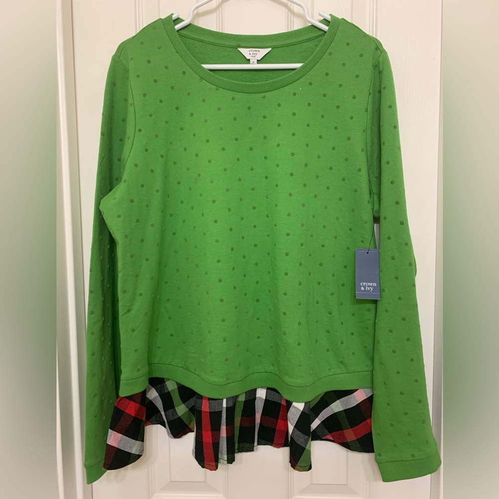 Crown & Ivy Green Polka dot and plaid dress shirt sweater